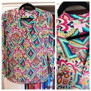 Lilly Pulitzer Boston Crown Jewels Silk Geometric Popover Top Blouse Size S